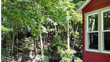 Een rood gebouw met een raam, omgeven door een bebost gebied met bomen en een stenen muur.