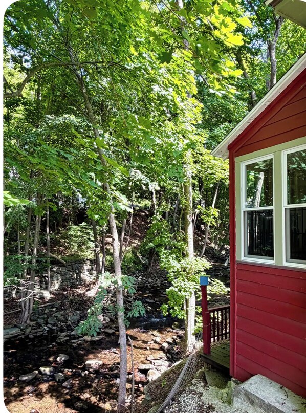 A red building with a window, surrounded by a forested area with trees and a stone wall.