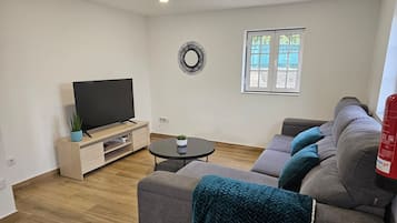 A modern living room with a flat-screen TV, a sofa, a coffee table, and a small potted plant.