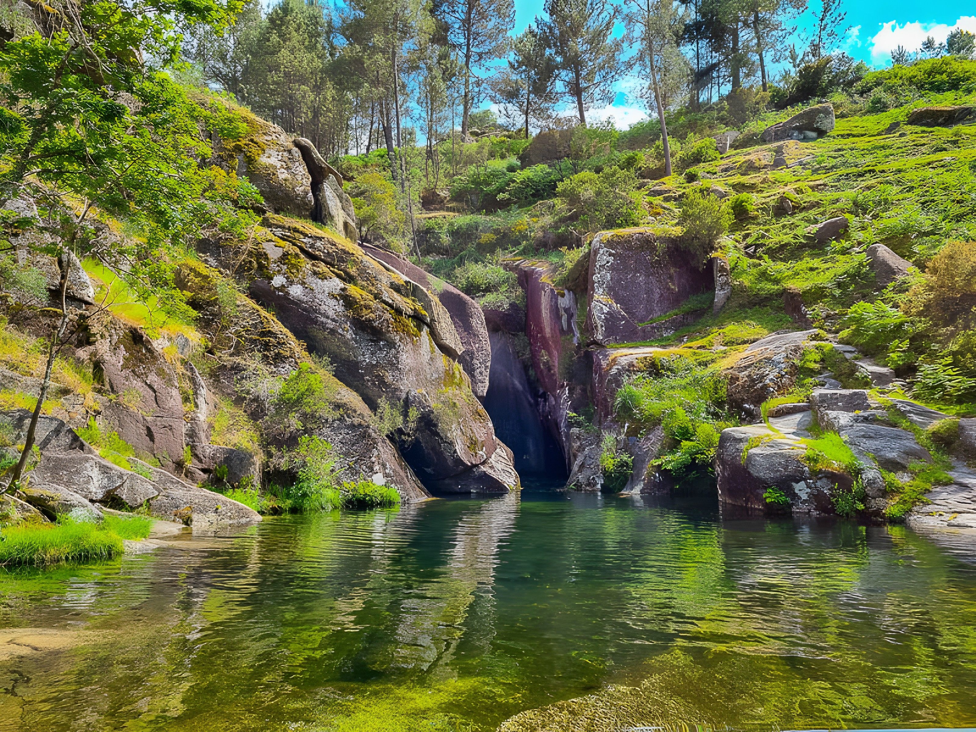 Un paysage naturel caractérisé par une étendue d’eau claire, bordée de rochers et de végétation.