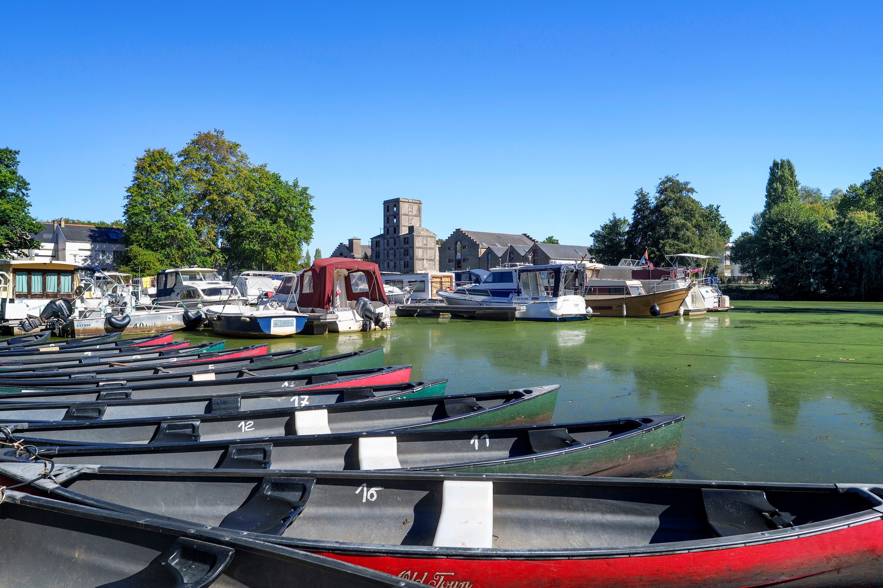 Un port de plaisance où sont amarrés divers bateaux, un bateau rouge au premier plan et un bâtiment historique en arrière-plan.