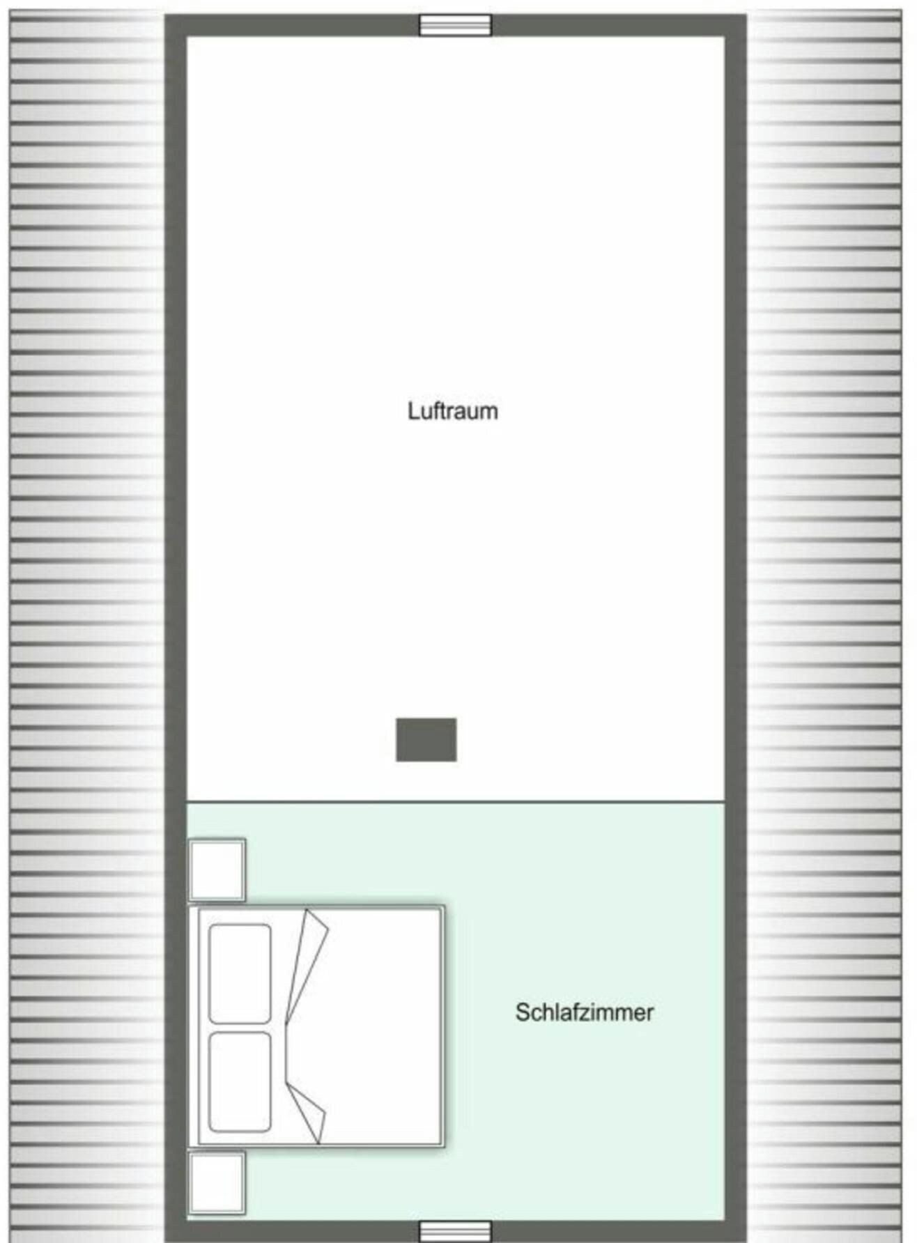Un plan d’étage indiquant un salon étiqueté « Lufraum » et une chambre à coucher étiquetée « Schlafzimmer ».