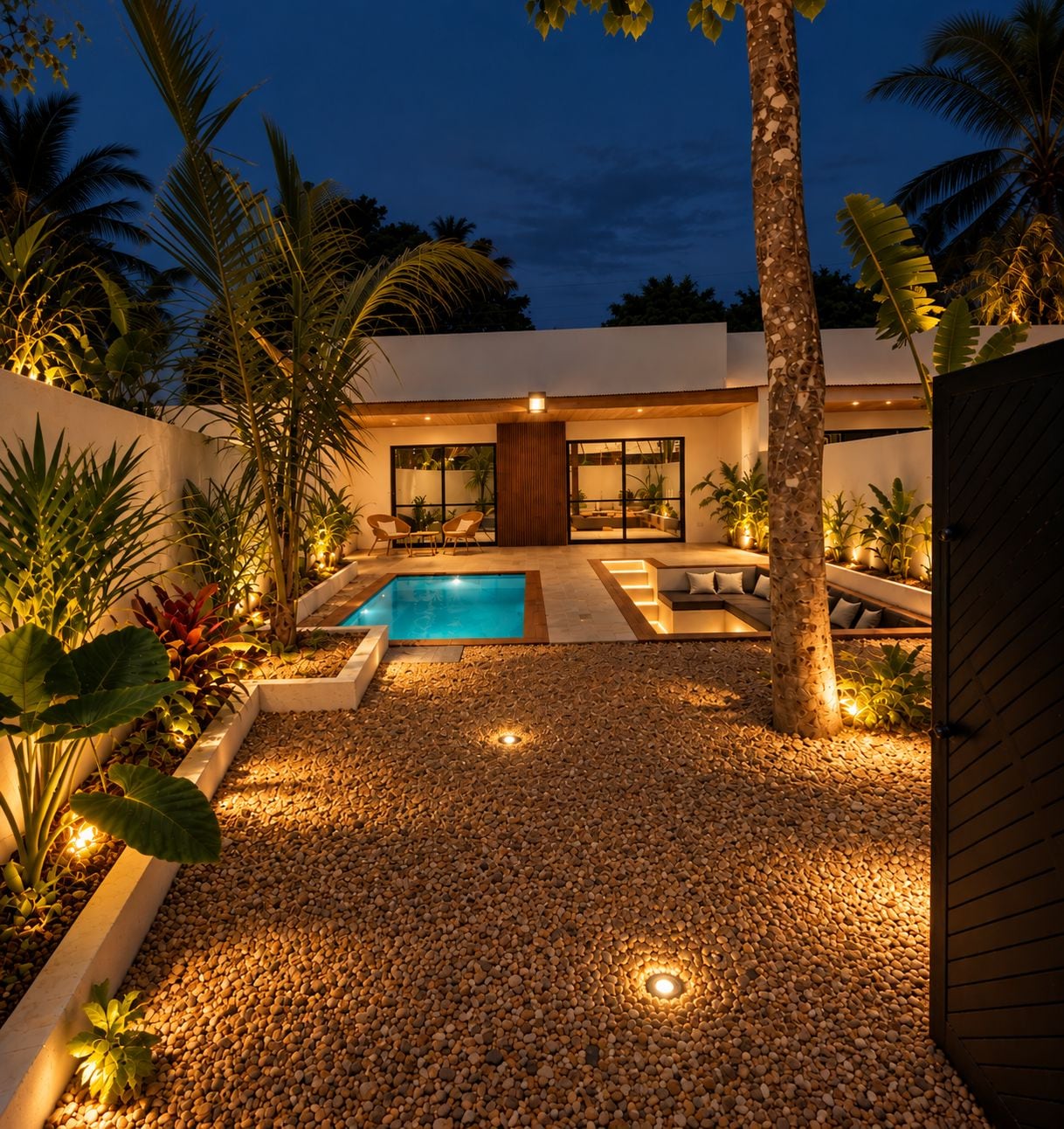 A modern outdoor pool area with a pebble ground, surrounded by tropical plants and a wooden deck.