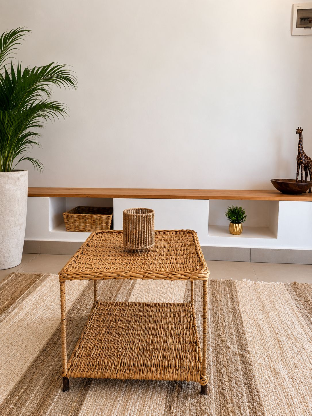 Una habitación con una mesa de fibra natural, una planta en maceta, una planta pequeña y una estantería con adornos.