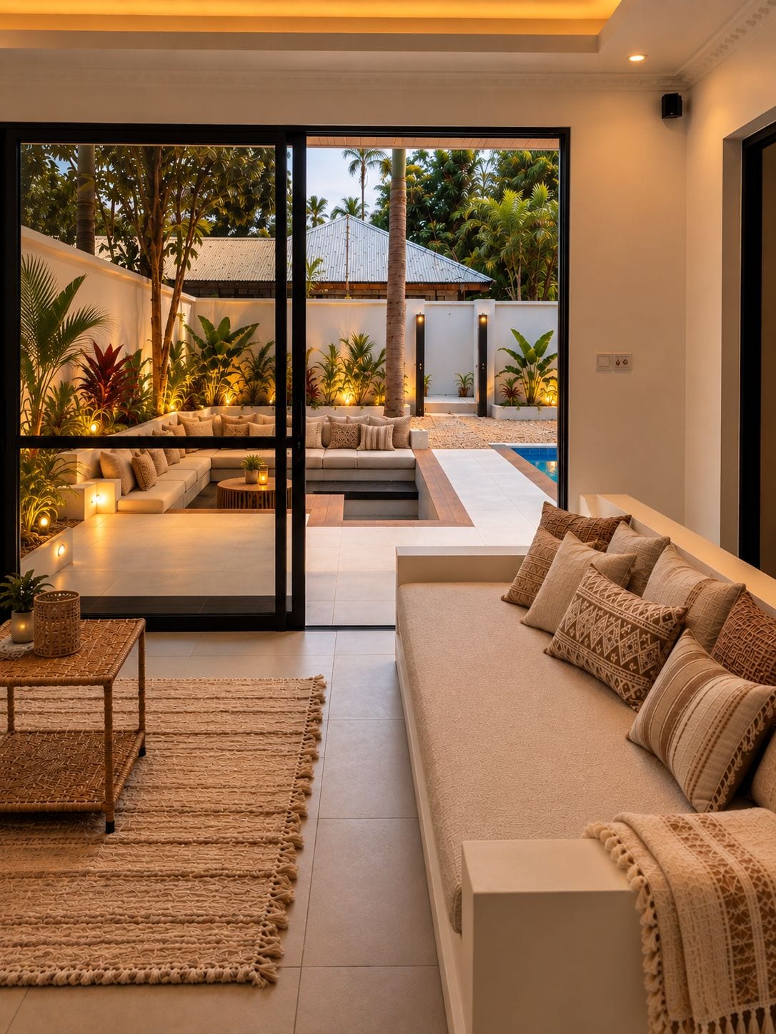 Una sala de estar moderna con un sofá grande, una mesa de centro y vistas a una piscina y jardín.