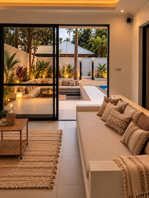 Una sala de estar moderna con un sofá grande, una mesa de centro y vistas a una piscina y jardín.