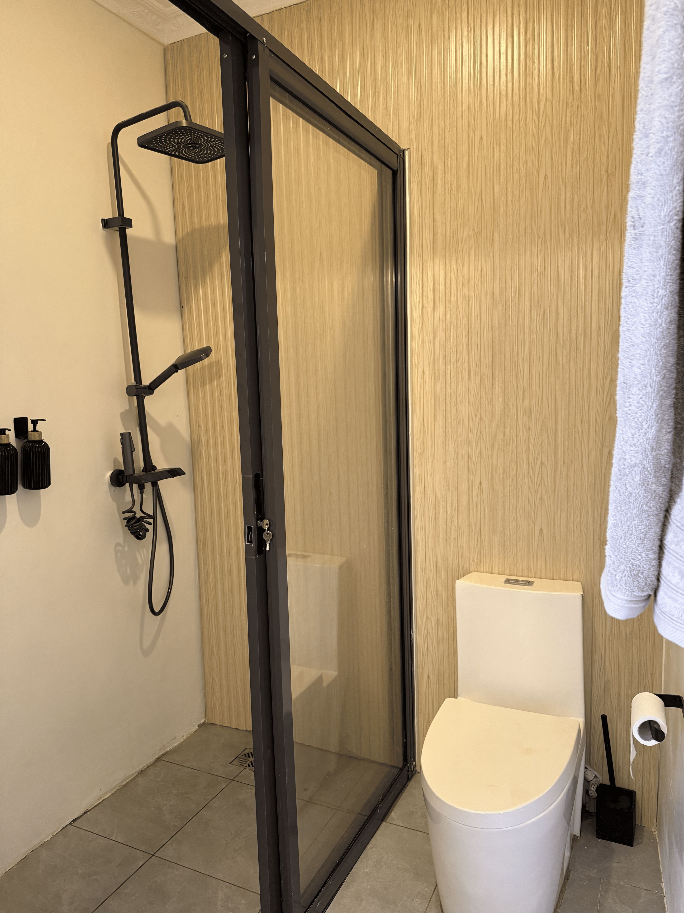 A modern bathroom with a glass-enclosed shower, a toilet, and a towel rack.