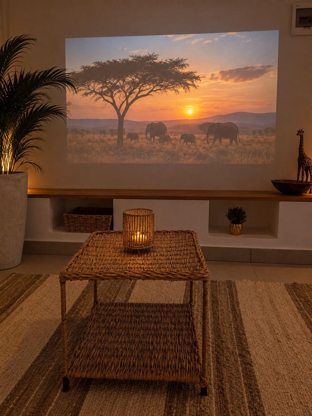 Ein Zimmer mit einem großen, an der Wand montierten Fernseher, der eine Savannenszene zeigt, einem gewebten Tisch mit einer Kerze und einer Topfpflanze.