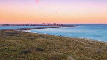 A coastal landscape with a beach, grassy dunes, and a distant shoreline with buildings.