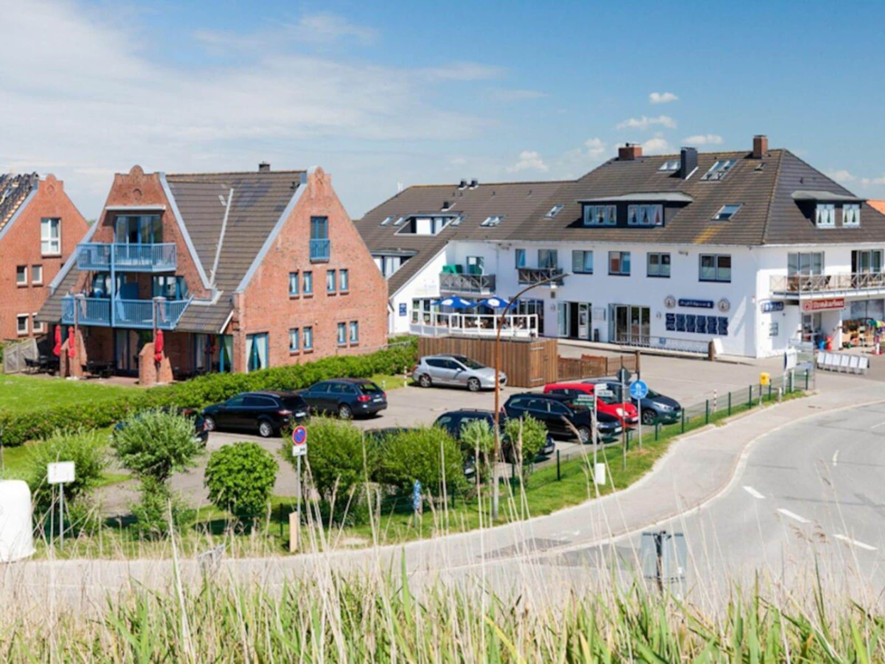 A residential area with houses, a road, and parked cars.