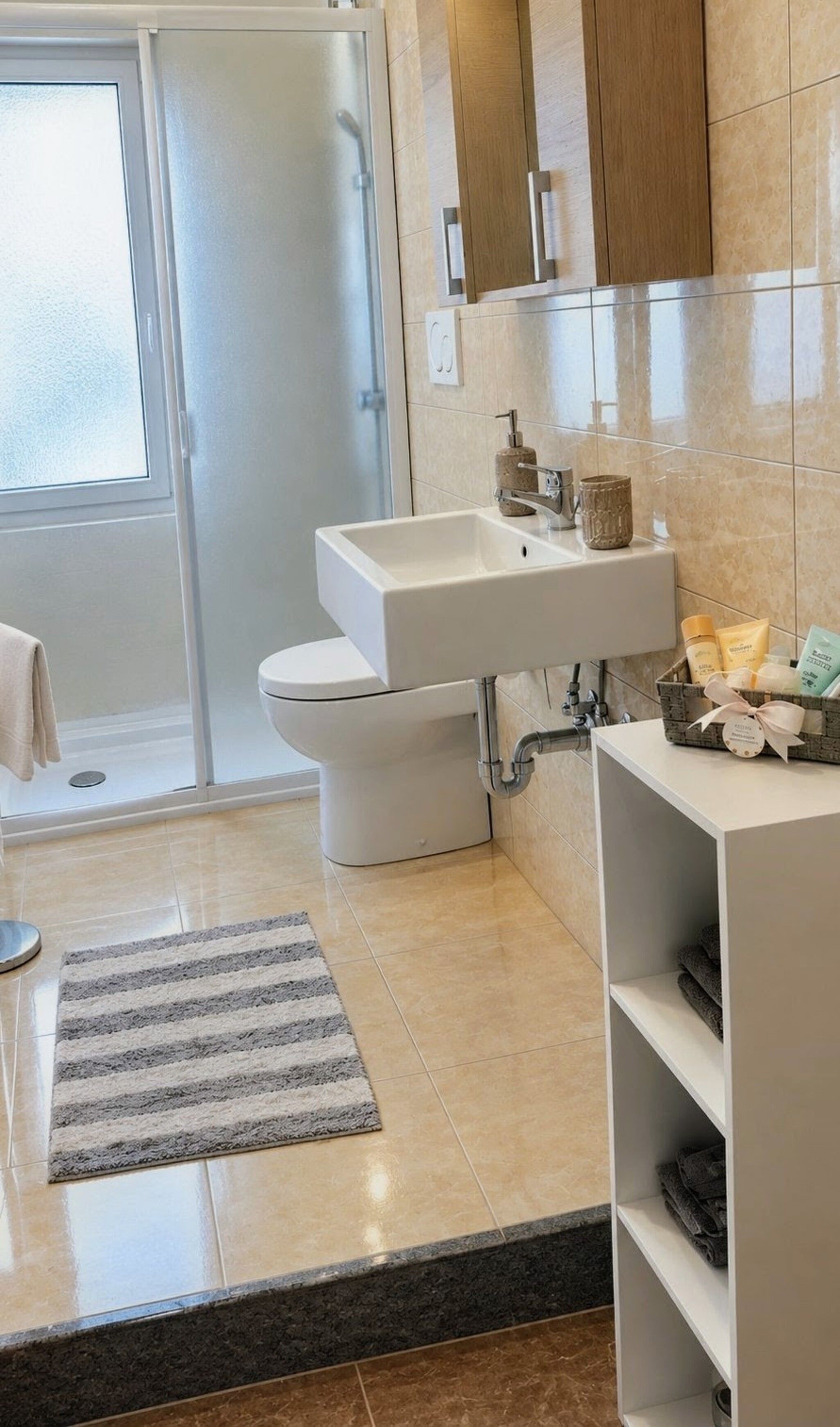 A modern bathroom with a shower, toilet, sink, and storage shelves.