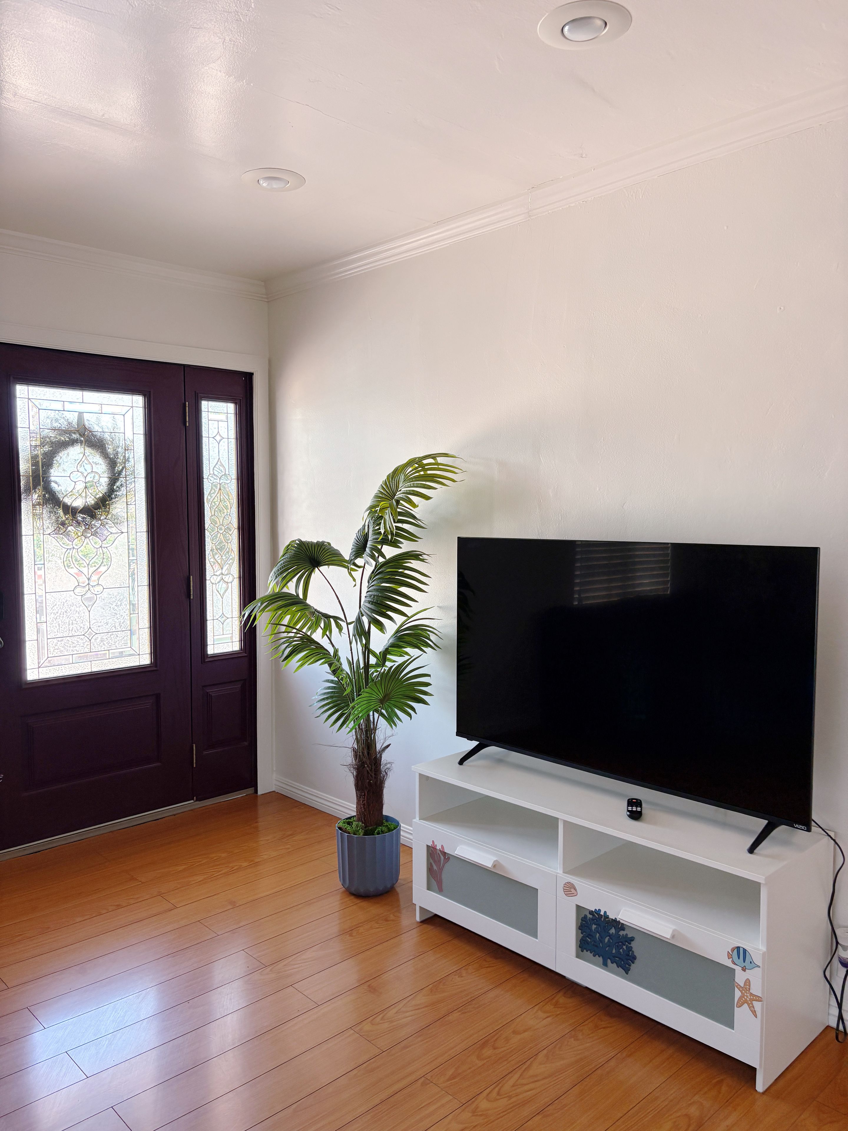 A room with a wooden floor, a large flat-screen TV on a white stand, a potted plant, and a door with a decorative glass panel.