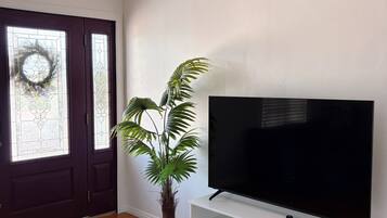 A room with a wooden floor, a large flat-screen TV on a white stand, a potted plant, and a door with a decorative glass panel.