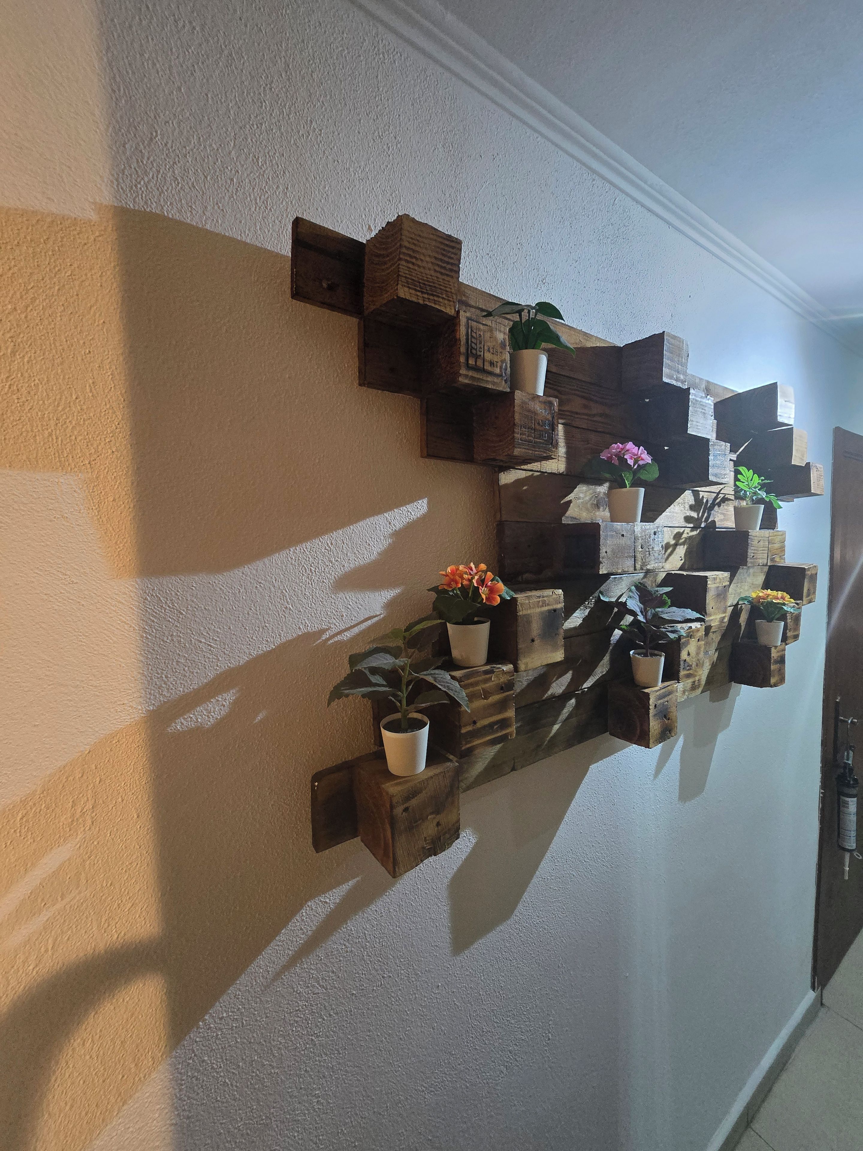 Un mur avec des étagères en bois où sont disposées des plantes et des fleurs en pot.