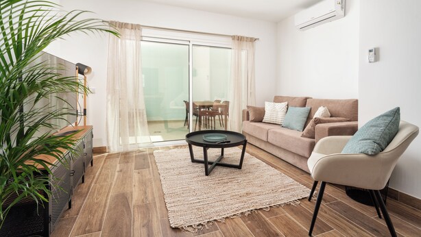 Ein modernes Wohnzimmer mit Sofa, Sesseln, Couchtisch und einer Topfpflanze.