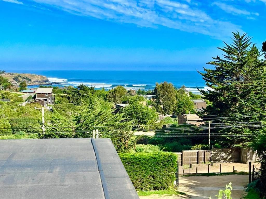 A coastal residential area with a view of the ocean, houses, and greenery.