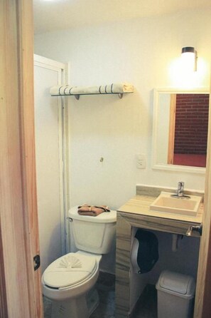 A bathroom with a toilet, sink, and a towel rack. - Cabañas Rincón Escondido By GEstores (Huasca De Ocampo)