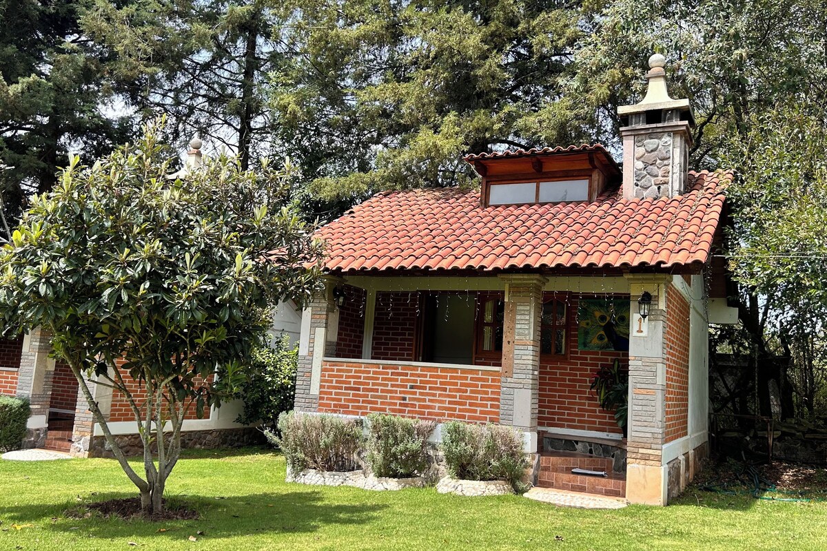 A small brick house with a tiled roof, surrounded by greenery.
