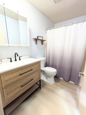 Une salle de bain avec un meuble-lavabo en bois, des toilettes blanches, un miroir et un rideau de douche.
