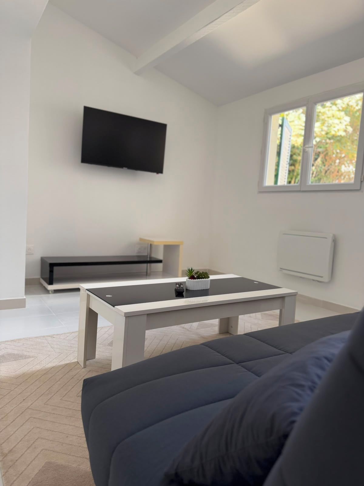 Een moderne woonkamer met een bank, een salontafel, een flatscreen televisie aan de muur en een raam dat natuurlijk licht biedt.