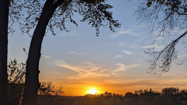 A sunset with a clear sky and trees in the foreground. - Sunset View Retreat in Central Location (Omaha)