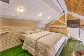 A bedroom with a bed, pillows, a television, and a green floor. - Flore - au cœur du bassin d'Arcachon (Arcachon)