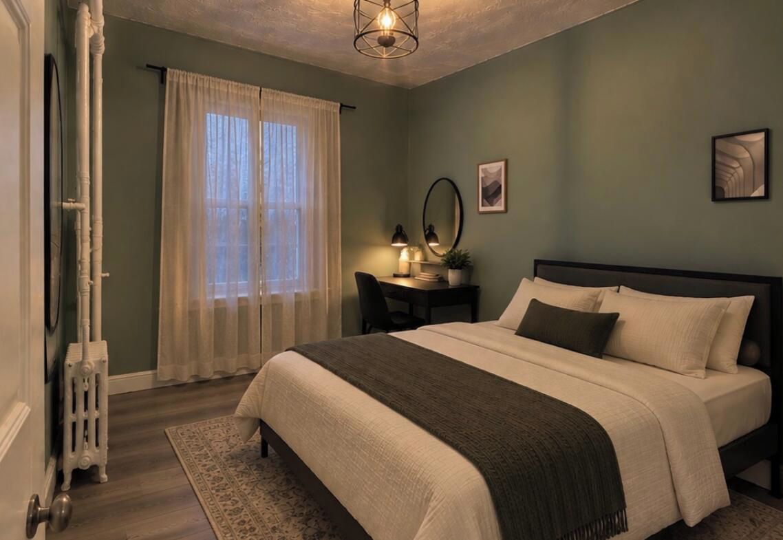A bedroom with a bed, a desk, a chair, a mirror, and a radiator.