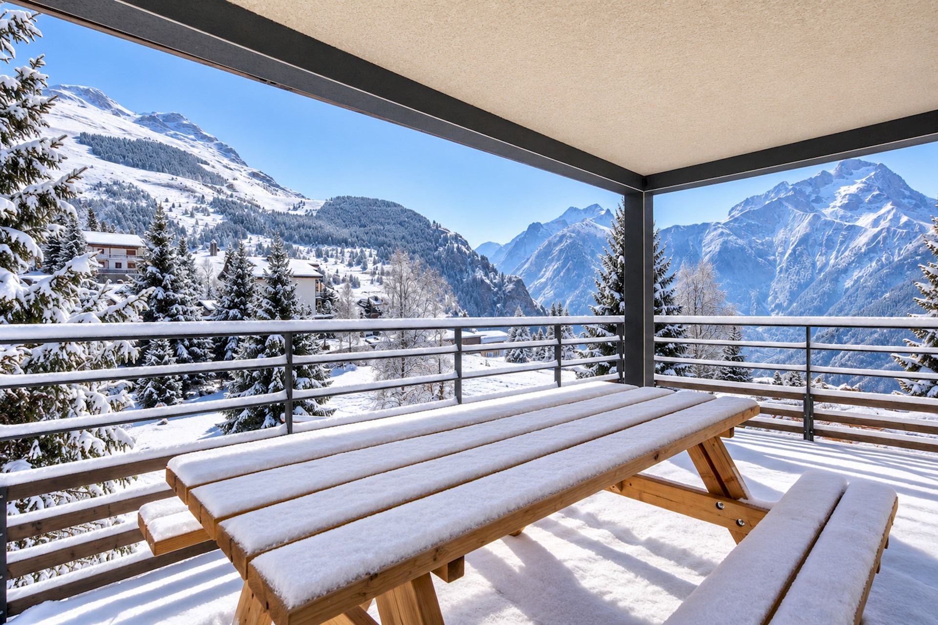 A snow-covered wooden bench and table on a balcony with a mountain view.