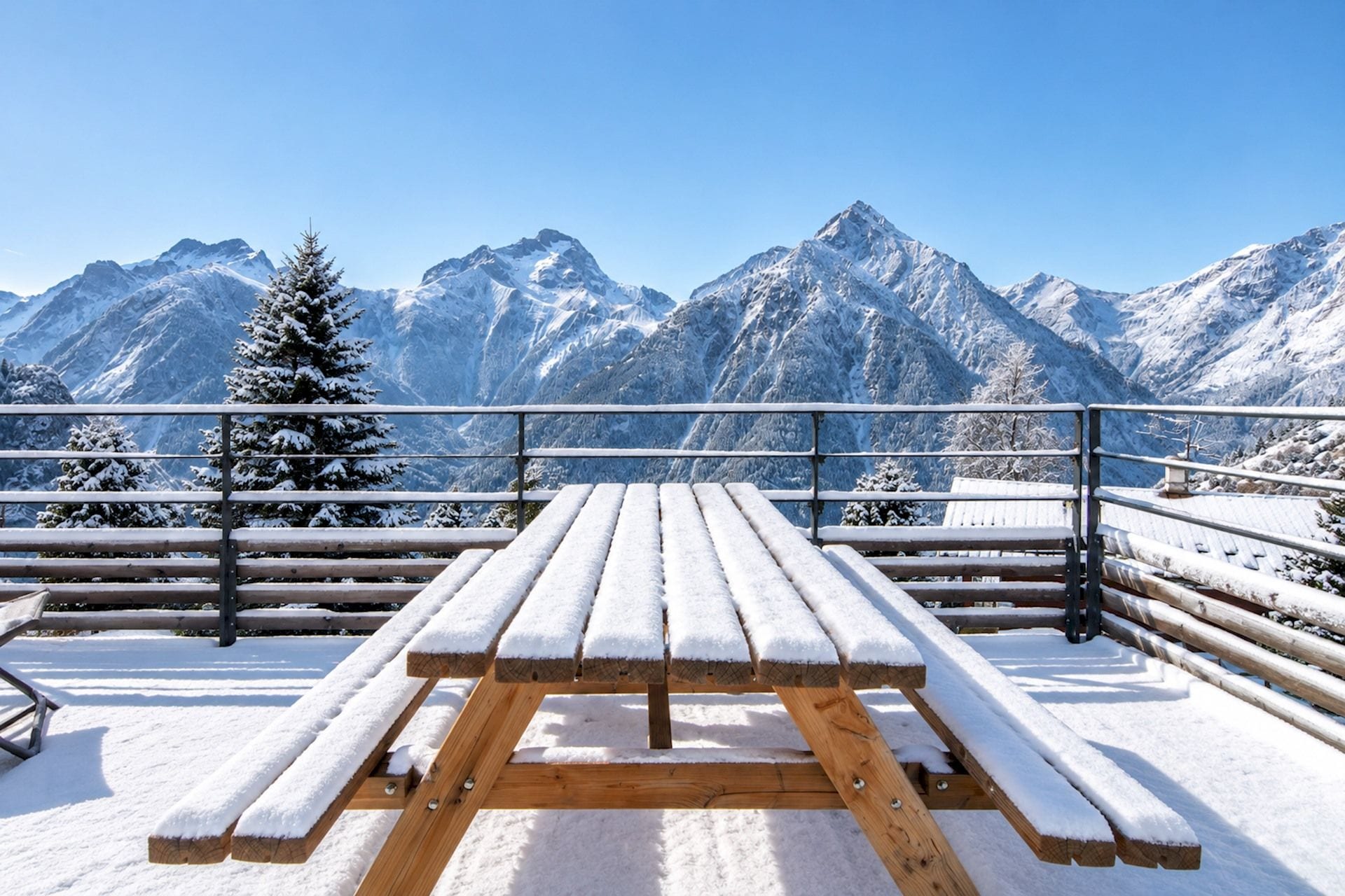 Una mesa de picnic cubierta de nieve con barandilla de metal y vistas a montañas nevadas.