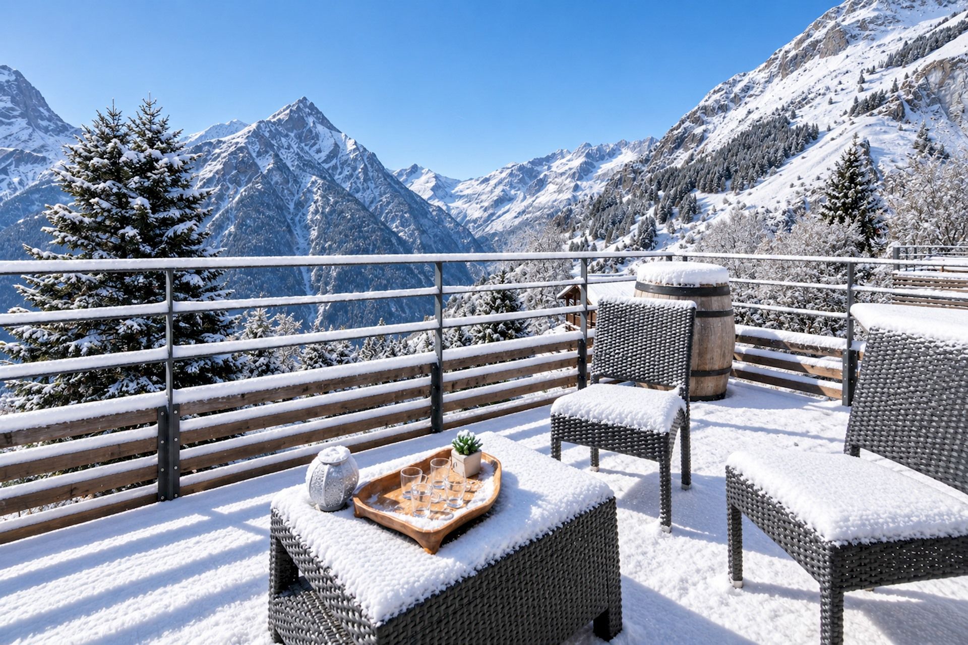 Een sneeuwbemakte balkon met rieten meubels en een dienblad met glazen, met uitzicht op een bergketen.