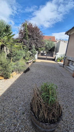 A gravel courtyard with a potted plant, a wooden bench, and a metal gate.