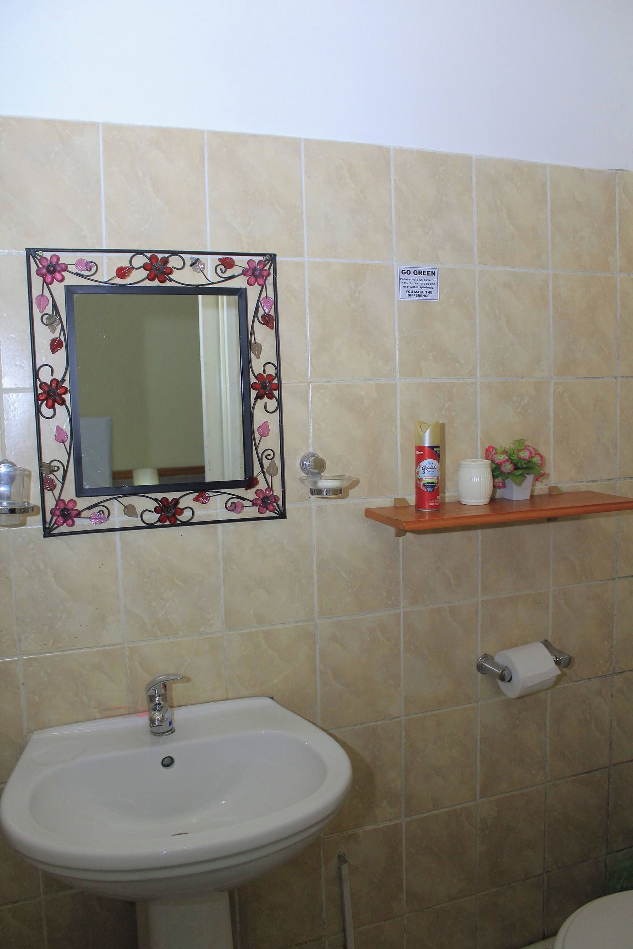 A bathroom with a sink, mirror, and toilet. There is a shelf with toiletries and a 'GO GREEN' sign.