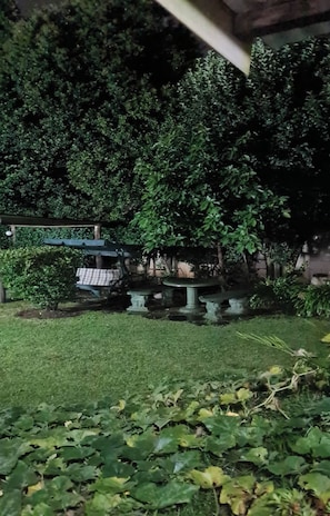Un jardín con una mesa y sillas, rodeado de follaje denso.