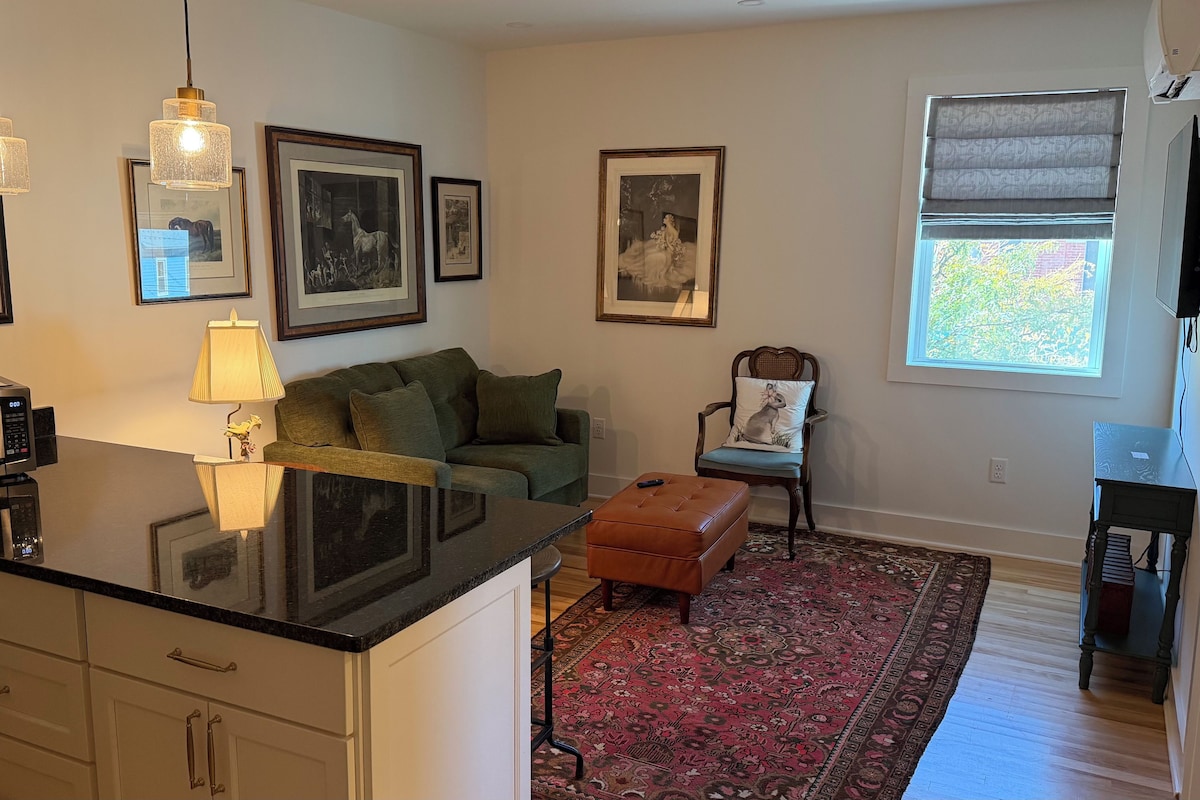 A modern kitchen with a central island, a dining area with a patterned rug, and a living room with a sofa and framed pictures.