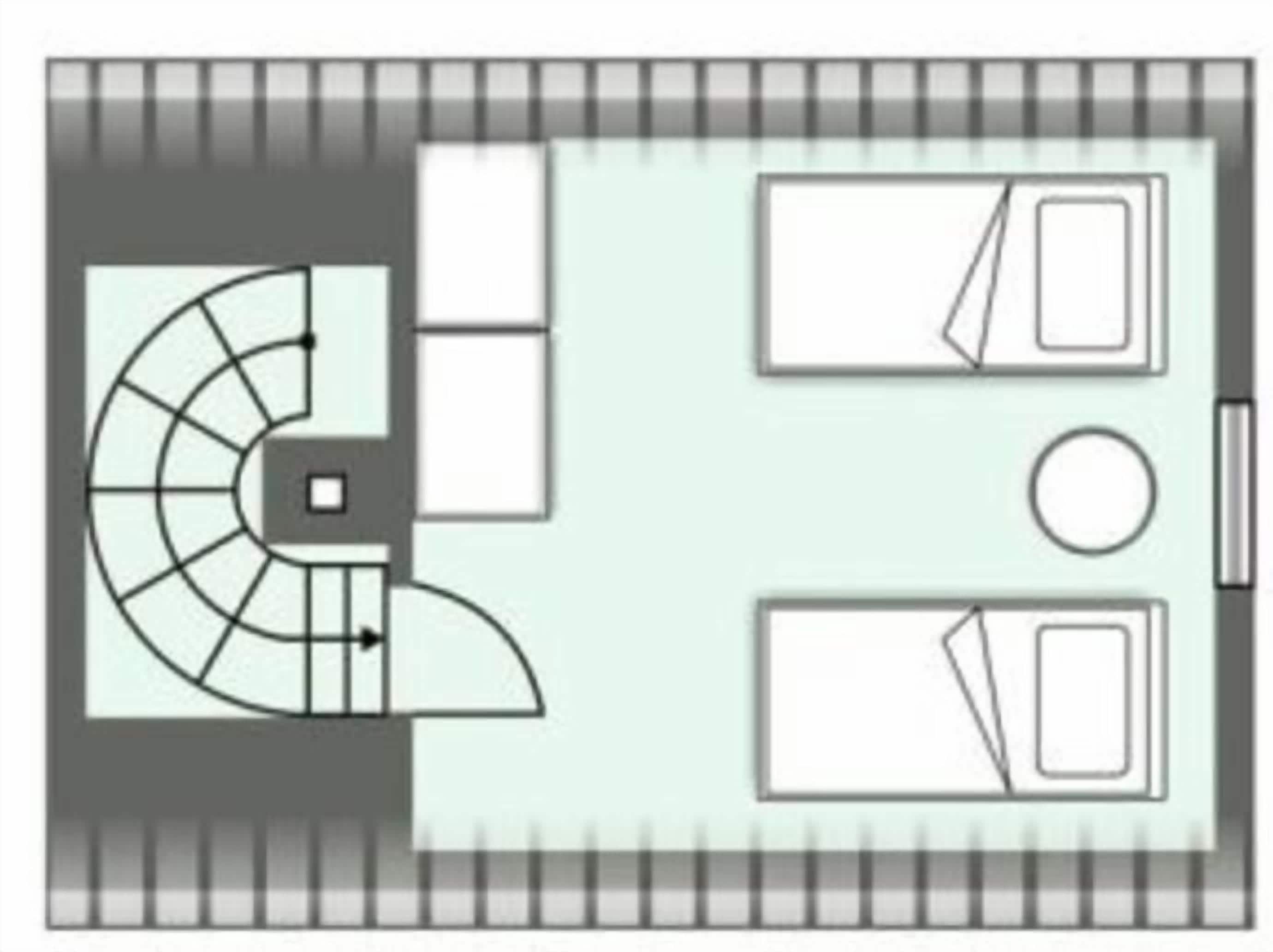 Un plan d’étage comprenant un escalier en colimaçon central, deux chambres, une salle de bain et un petit espace circulaire.