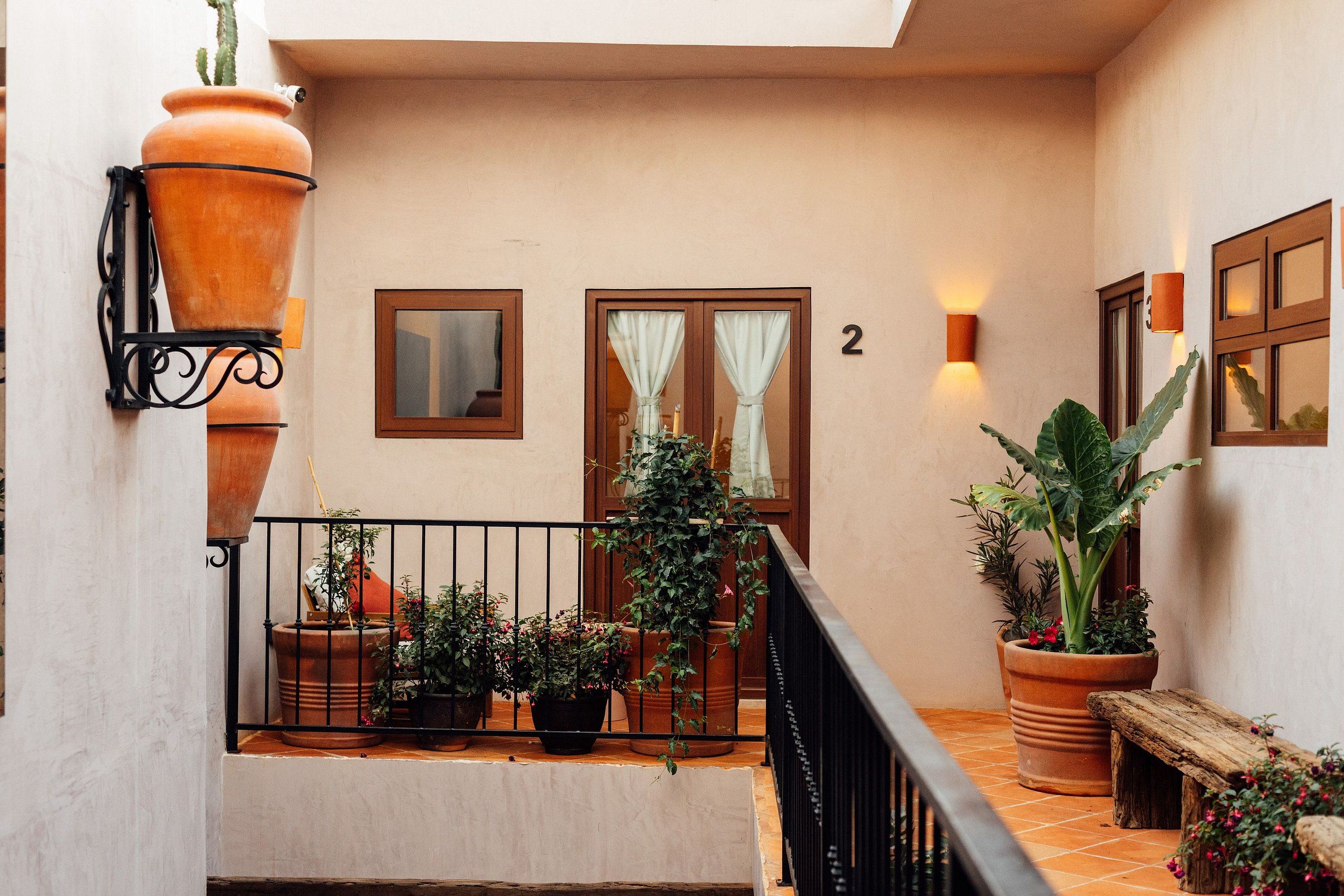 A balcony with terracotta pots, a wooden bench, and potted plants.