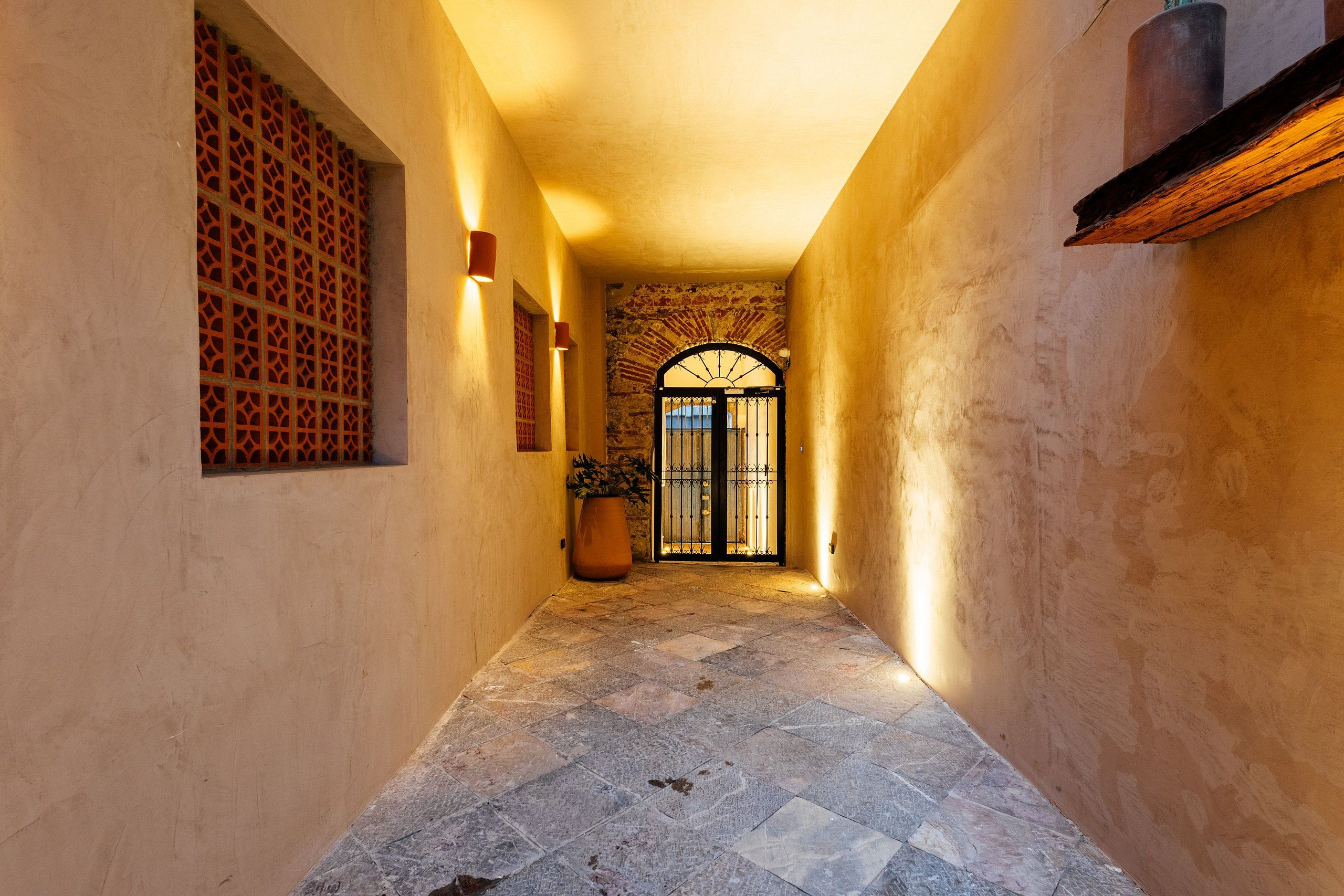 A corridor with a tiled floor, a potted plant, and a door with a wrought iron gate.