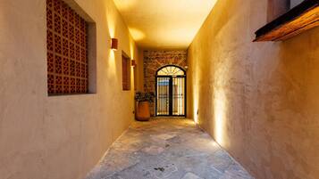 A corridor with a tiled floor, a potted plant, and a door with a wrought iron gate.