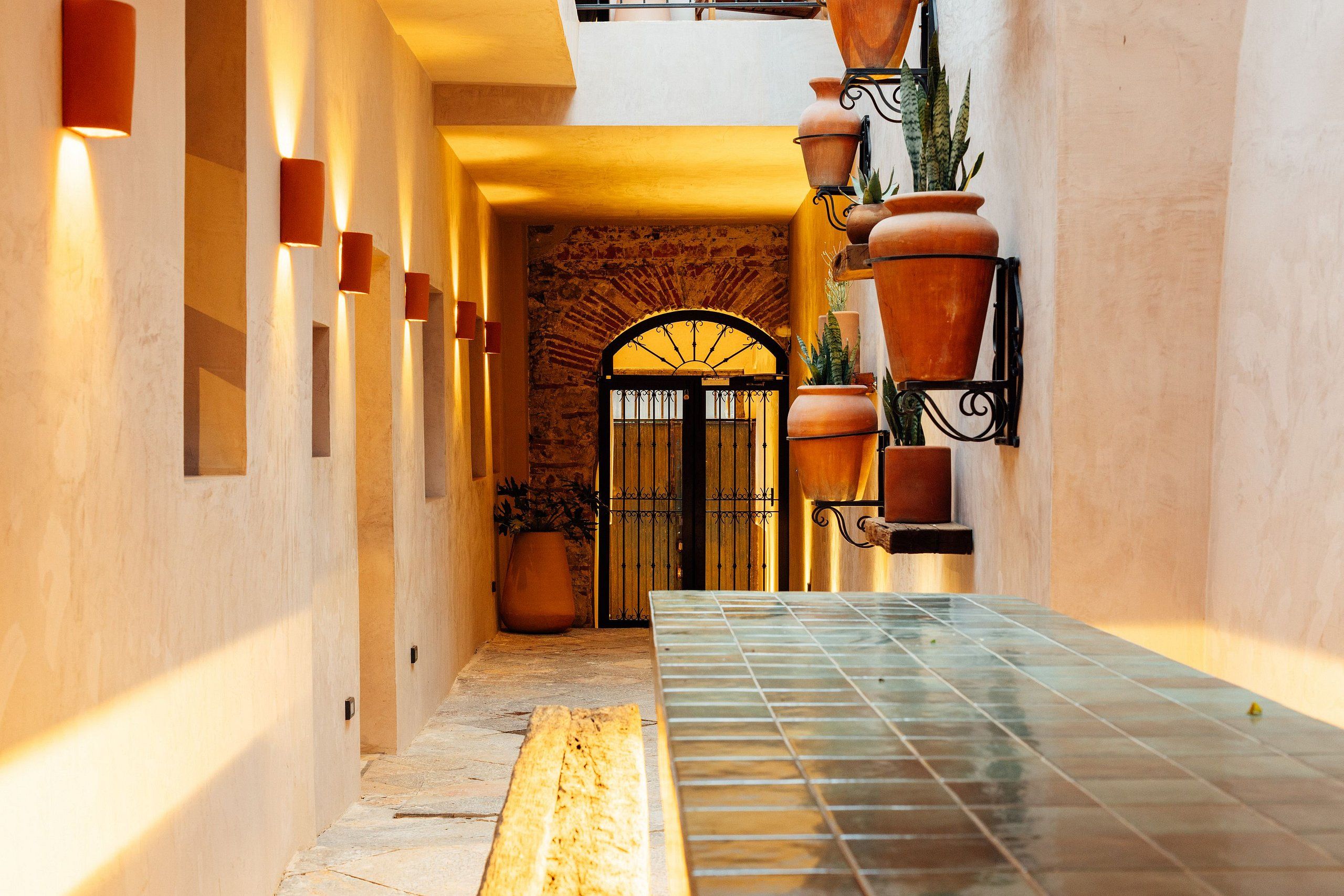 A narrow corridor with a tiled floor, a large potted plant, and a metal gate at the end.