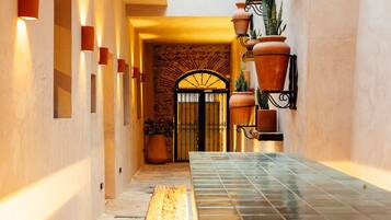 A narrow corridor with a tiled floor, a large potted plant, and a metal gate at the end.