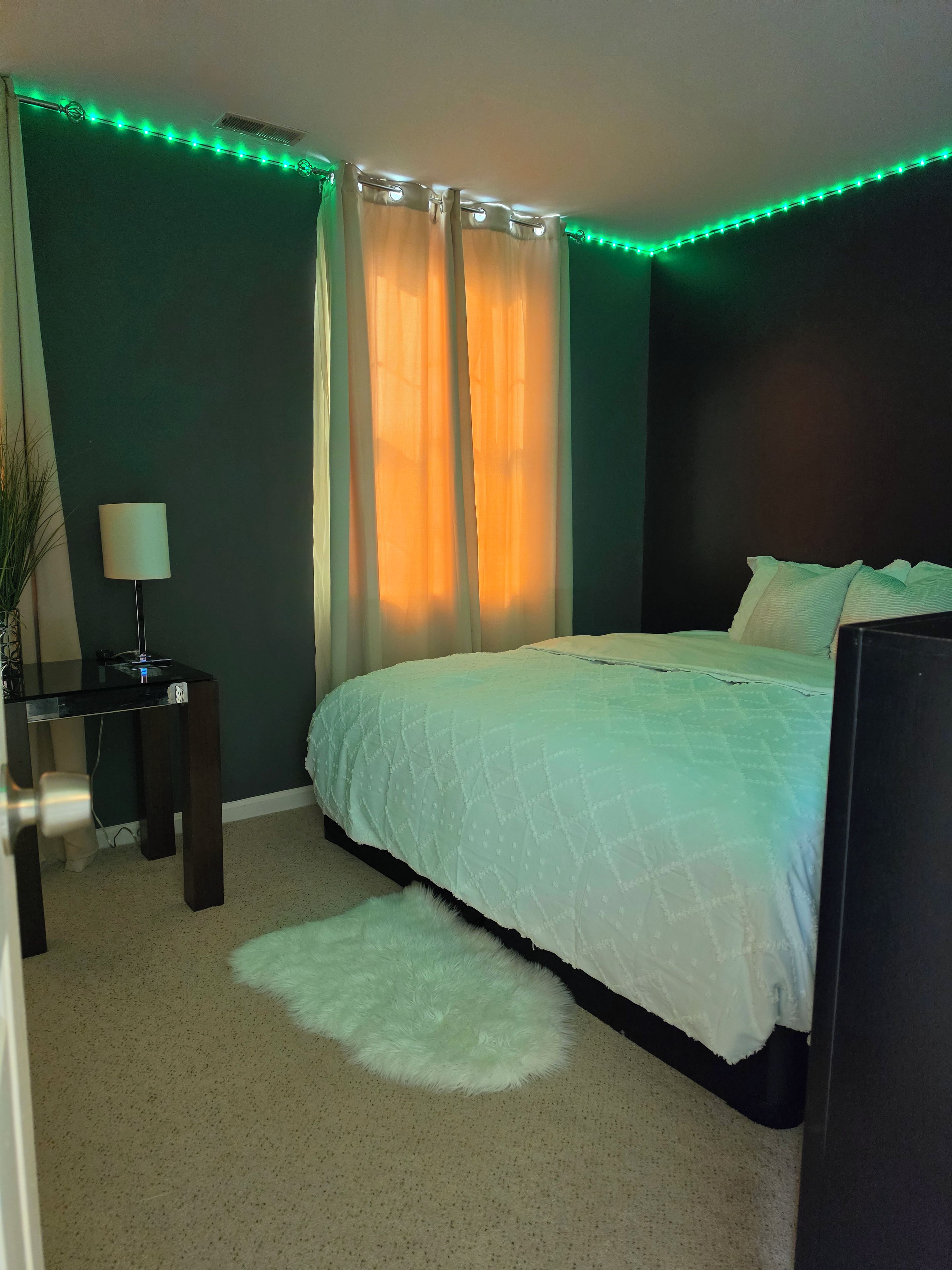 A bedroom with a bed, a desk, a lamp, and a plant.
