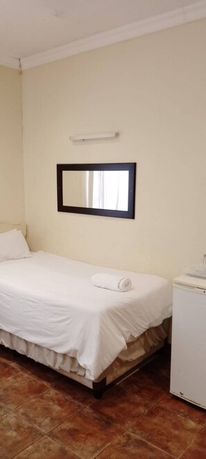 A single bed with a white mattress and pillows, a small bedside table with a white lamp, and a wall-mounted mirror. - Room-alexandra Bed & Breakfast Room 5 (Pietermaritzburg)