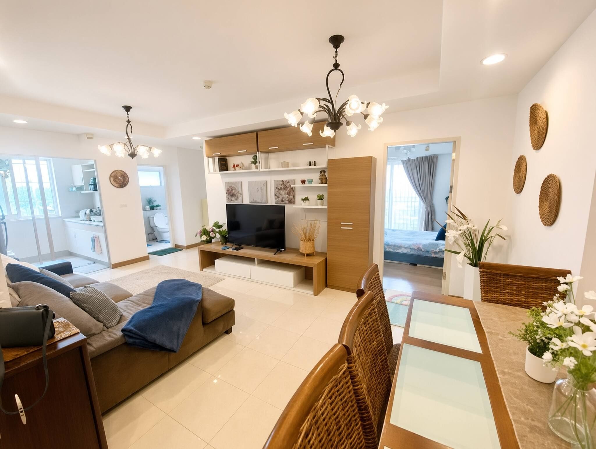 A modern living room with a sofa, TV, and dining area.