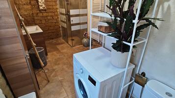 Une petite buanderie équipée d’un lave-linge, d’un étendoir et de toilettes.