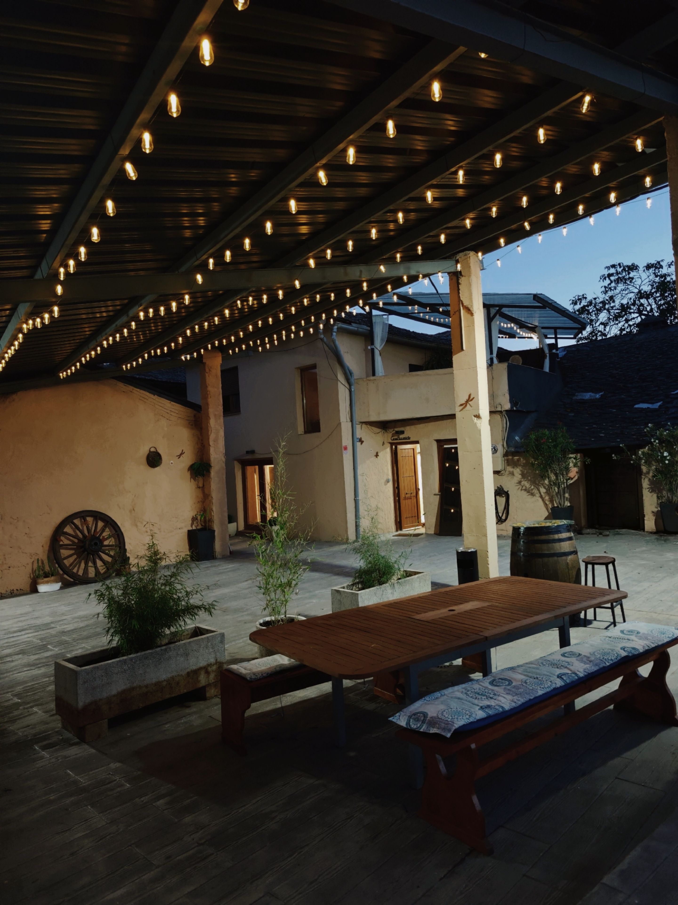 Un área de patio al aire libre con una mesa y bancos de madera, luces colgantes y plantas en macetas.