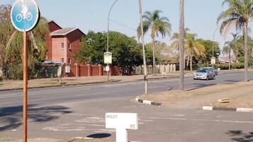A street view with a bicycle sign, a road sign for 'RISLEY RD', and palm trees.