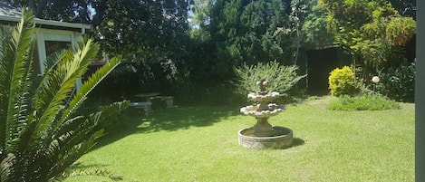A well-maintained garden with a central fountain, surrounded by lush greenery and a variety of trees.