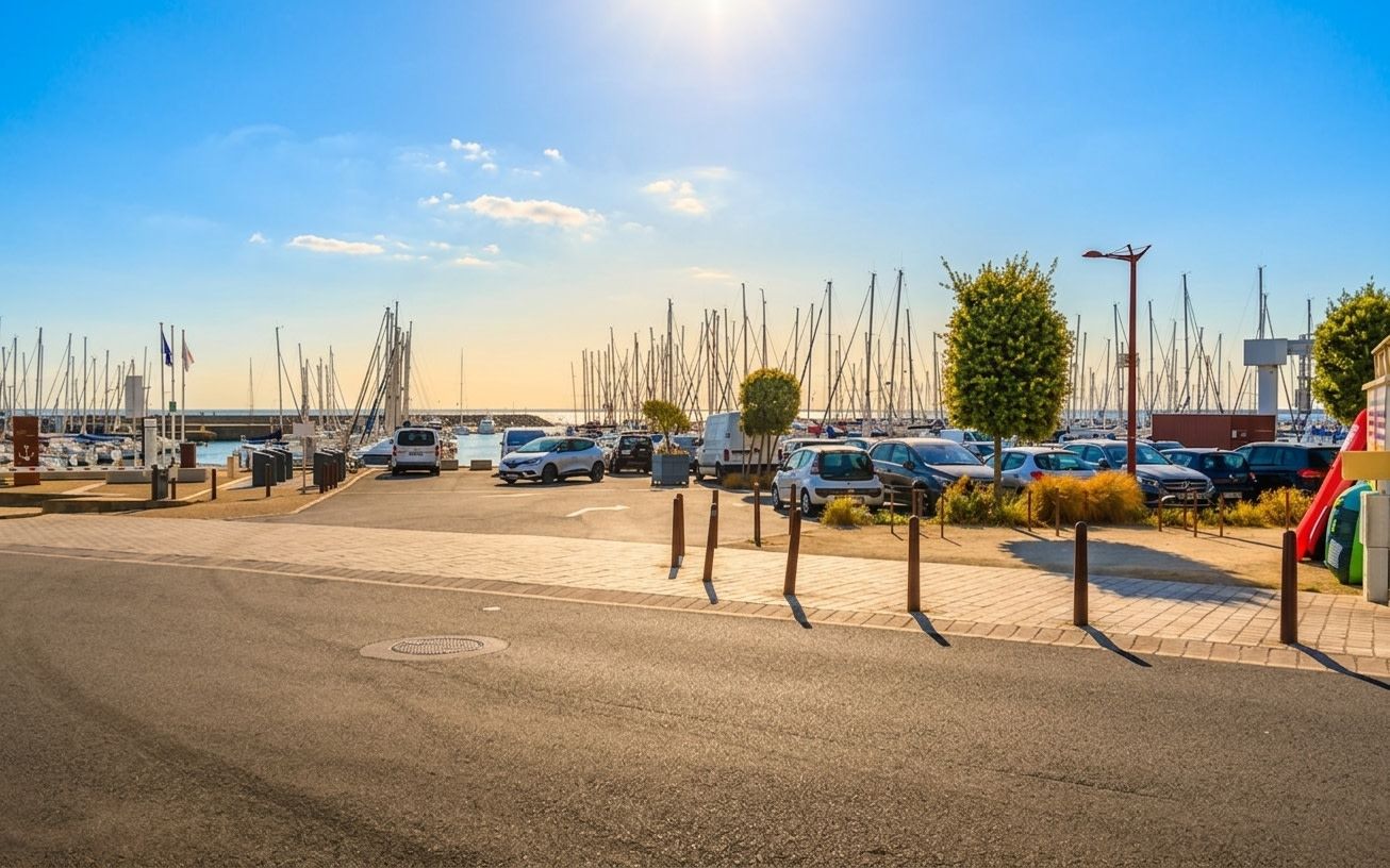 A marina with boats docked, a parking area with cars, and a clear sky.