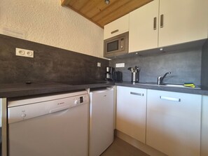 A compact kitchen with a Bosch dishwasher, a microwave, and a sink with a faucet. - Ideal duplex in Les Deux Alpes - 6 guests (Les Deux Alpes)