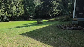 A residential property with a well-maintained lawn, a small garden area, and a house with a porch.